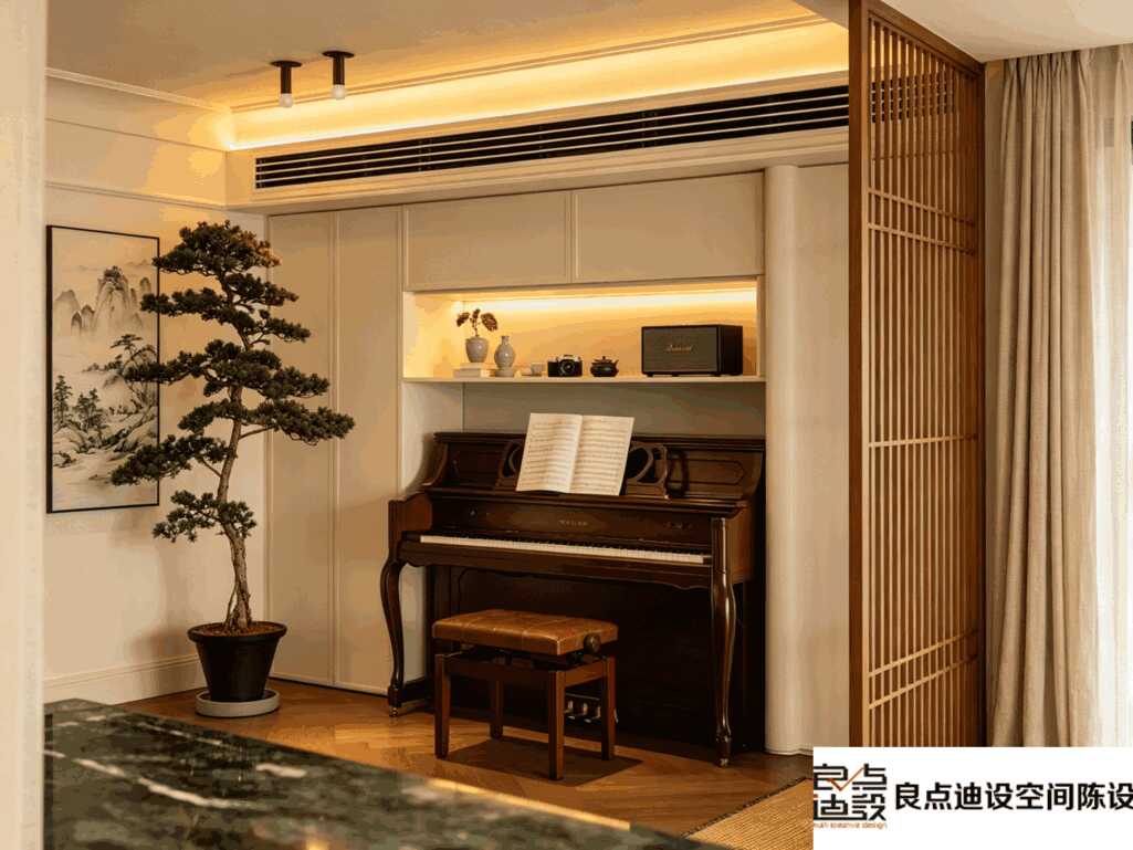把钢琴嵌进二居室客厅?这个90㎡二居室软装设计，把新中式雅致感拉满了✨